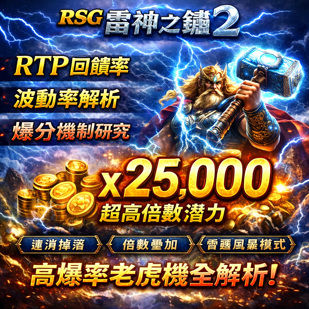 《RSG 雷神之錘2》是一款以高波動老虎機設計聞名的電子博弈遊戲,主打高倍數爆分與最高可達x25,000 倍獎金潛力,因此成為近期線上娛樂城玩家熱議焦點。透過連消掉落機制、倍數疊加系統與雷霆風暴模式的相互作用,雷神之錘2 在特定回合中可創造極高回報,但同時也伴隨明顯的資金波動風險;本篇將從RTP 回饋率、波動率結構與爆分條件三大面向,帶你全面解析這款高爆率老虎機是否值得投入。
